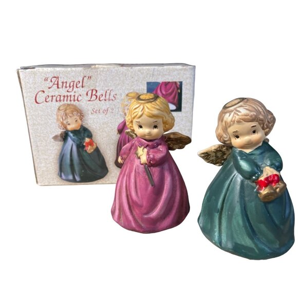 Ceramic Christmas Angel Bells Set of Two Red Green - Picture 1 of 13